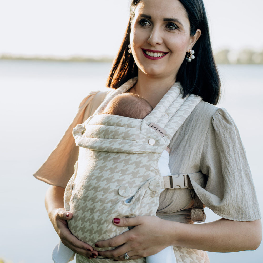 PouchCo Comfort Baby Carrier - Beige & White Houndstooth