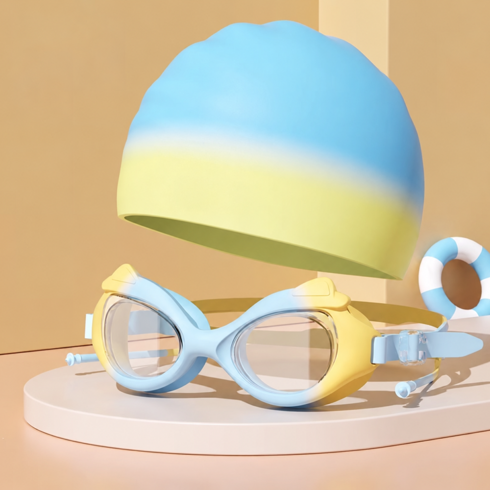 Swimming Goggles For Kids Swimming Cap Swimming Set With Ear Plugs - Yellow & Blue - Image 5