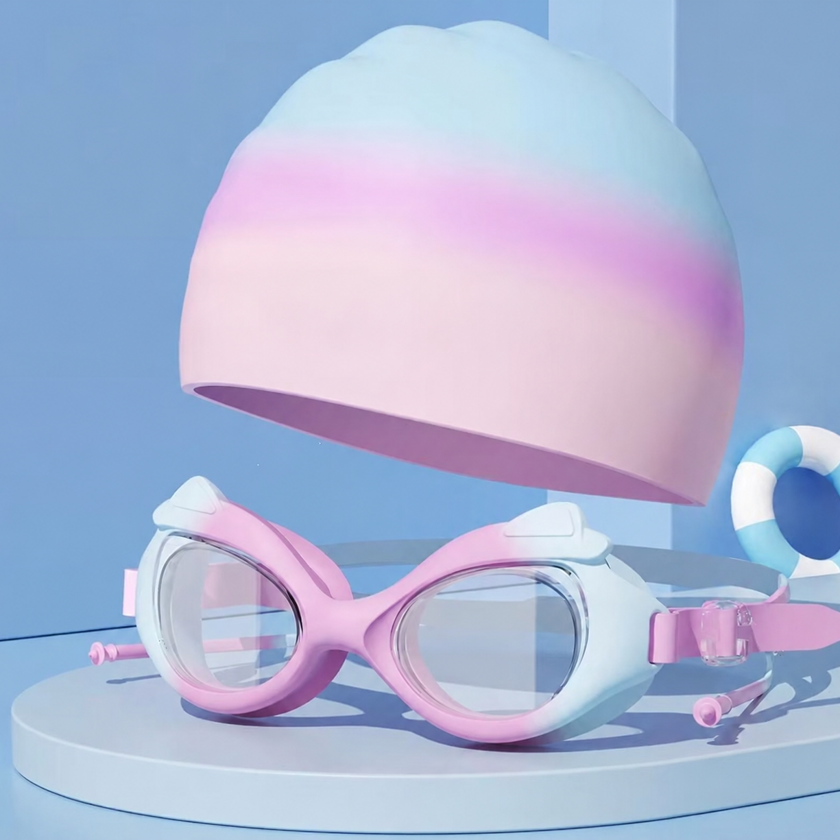 fc9b08cc-c071-4ab7-88db-e04ebd1a3bb9 Swimming Goggles For Kids Swimming Cap Swimming Set With Ear Plugs - Pink & Blue - Image 1