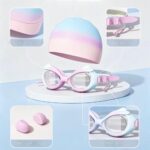UV Shield Anti-Fog Goggles & Earplugs & Silicone Swim Cap - Pink & Blue - Image 6